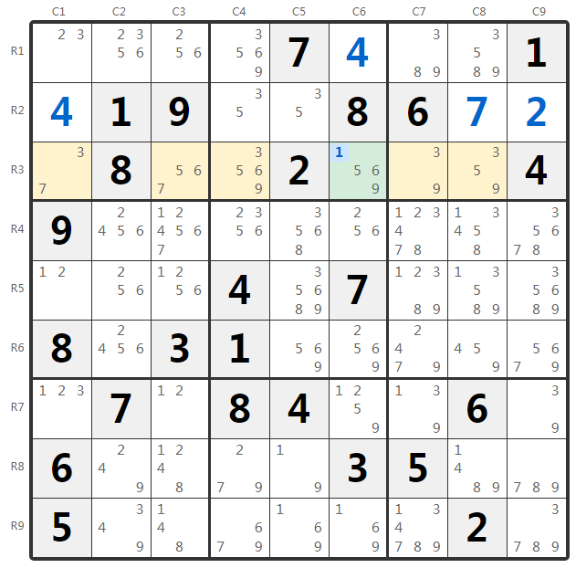 Ví dụ Hidden Single Sudoku - Phân tích hàng