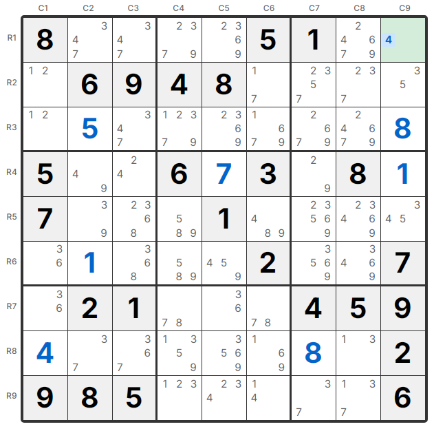 Ví dụ Naked Single - R1C9 chỉ có ứng viên 4